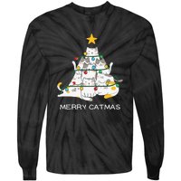 Merry Catmas Cat Christmas Tree Lights Funny Xmas Tie-Dye Long Sleeve Shirt