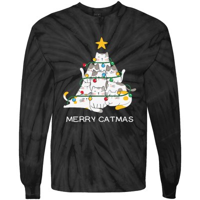 Merry Catmas Cat Christmas Tree Lights Funny Xmas Tie-Dye Long Sleeve Shirt