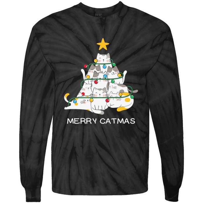 Merry Catmas Cat Christmas Tree Lights Funny Xmas Tie-Dye Long Sleeve Shirt