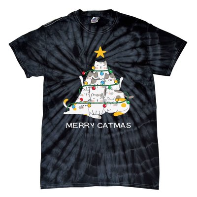 Merry Catmas Cat Christmas Tree Lights Funny Xmas Tie-Dye T-Shirt