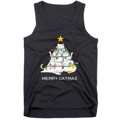 Merry Catmas Cat Christmas Tree Lights Funny Xmas Tank Top