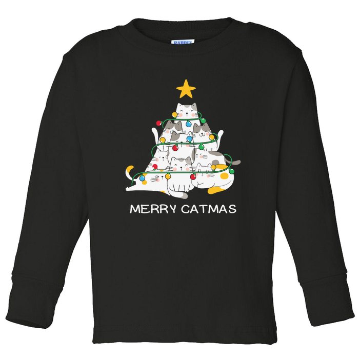 Merry Catmas Cat Christmas Tree Lights Funny Xmas Toddler Long Sleeve Shirt