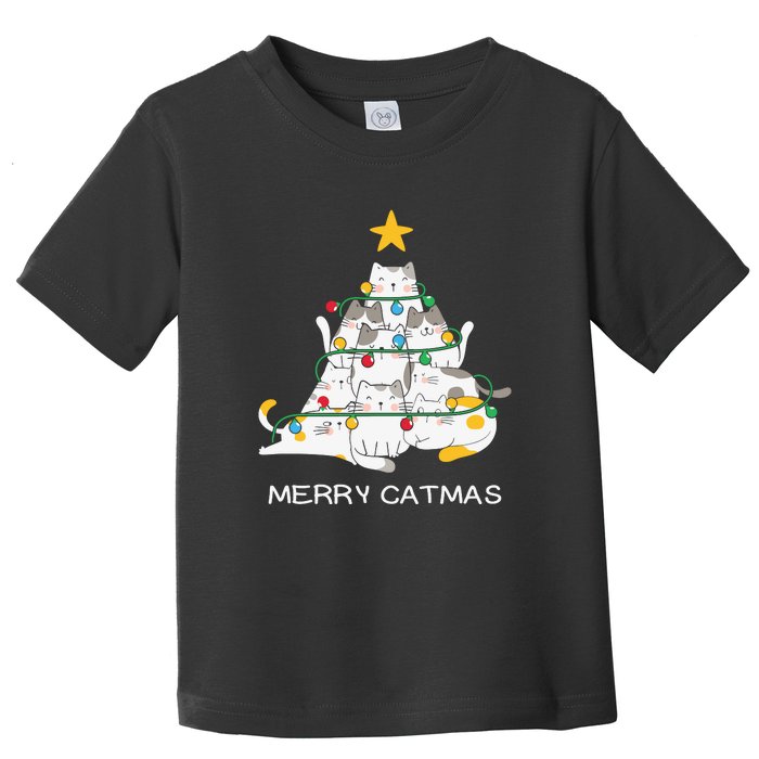 Merry Catmas Cat Christmas Tree Lights Funny Xmas Toddler T-Shirt