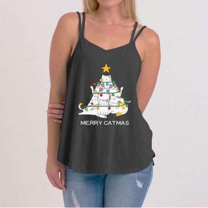 Merry Catmas Cat Christmas Tree Lights Funny Xmas Women's Strappy Tank