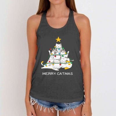 Merry Catmas Cat Christmas Tree Lights Funny Xmas Women's Knotted Racerback Tank