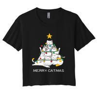 Merry Catmas Cat Christmas Tree Lights Funny Xmas Women's Crop Top Tee