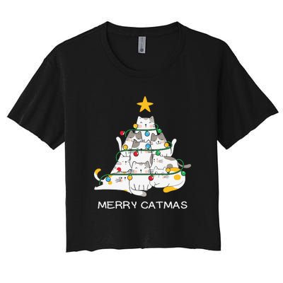 Merry Catmas Cat Christmas Tree Lights Funny Xmas Women's Crop Top Tee