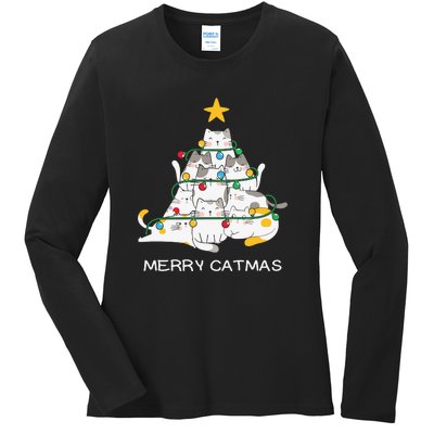 Merry Catmas Cat Christmas Tree Lights Funny Xmas Ladies Long Sleeve Shirt