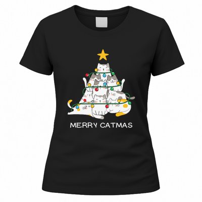 Merry Catmas Cat Christmas Tree Lights Funny Xmas Women's T-Shirt