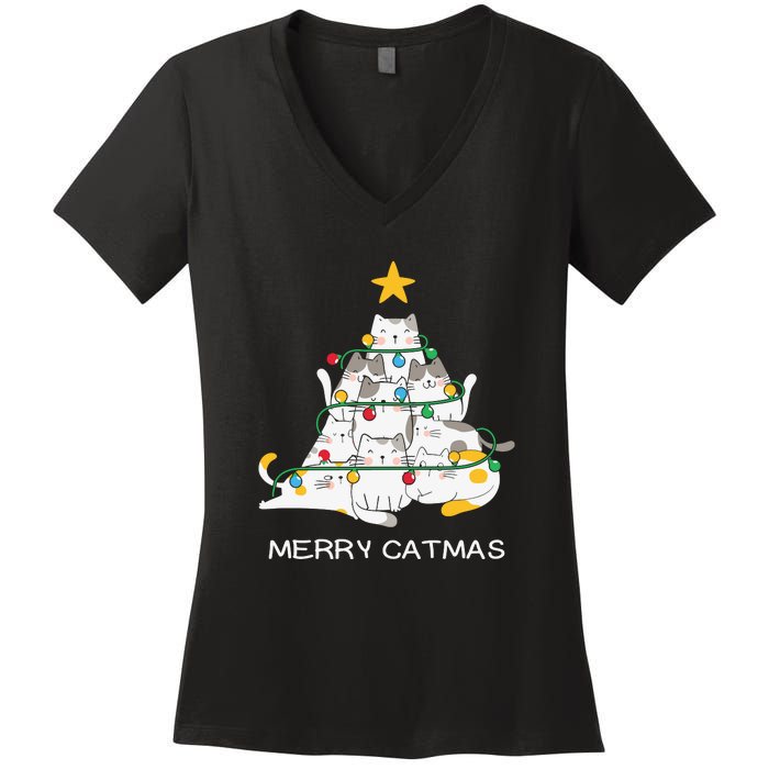 Merry Catmas Cat Christmas Tree Lights Funny Xmas Women's V-Neck T-Shirt