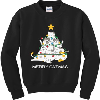 Merry Catmas Cat Christmas Tree Lights Funny Xmas Kids Sweatshirt