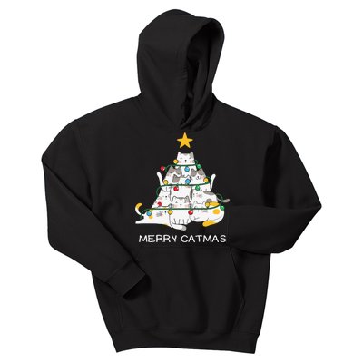 Merry Catmas Cat Christmas Tree Lights Funny Xmas Kids Hoodie