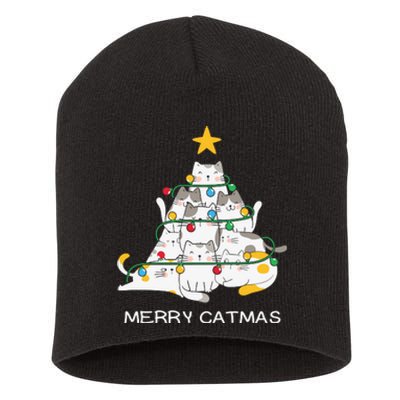 Merry Catmas Cat Christmas Tree Lights Funny Xmas Short Acrylic Beanie