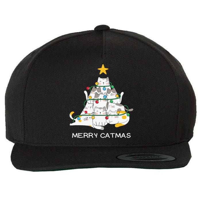 Merry Catmas Cat Christmas Tree Lights Funny Xmas Wool Snapback Cap