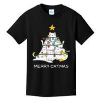 Merry Catmas Cat Christmas Tree Lights Funny Xmas Kids T-Shirt