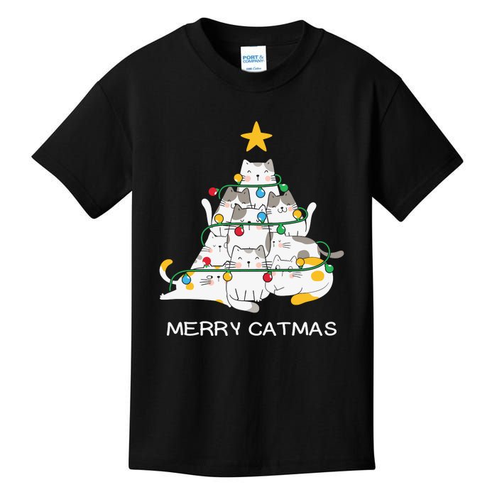 Merry Catmas Cat Christmas Tree Lights Funny Xmas Kids T-Shirt