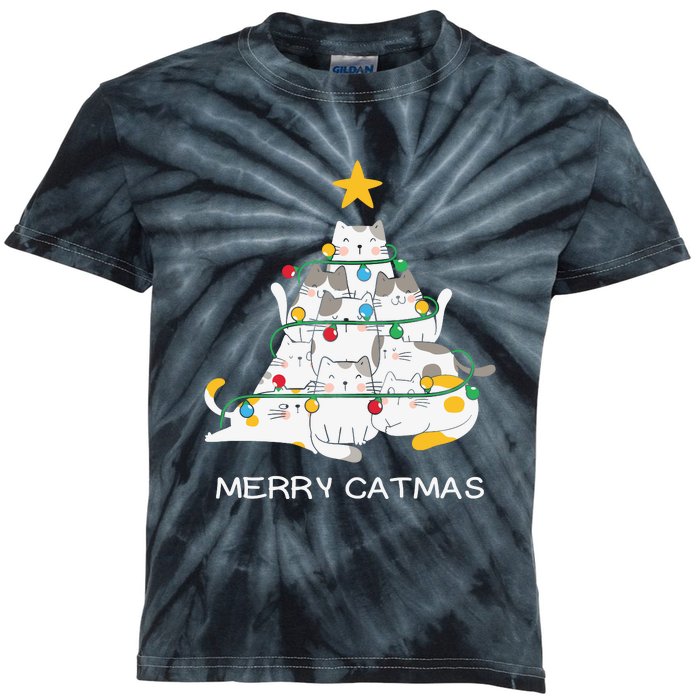 Merry Catmas Cat Christmas Tree Lights Funny Xmas Kids Tie-Dye T-Shirt