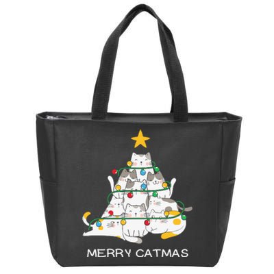 Merry Catmas Cat Christmas Tree Lights Funny Xmas Zip Tote Bag