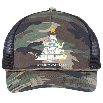 Merry Catmas Cat Christmas Tree Lights Funny Xmas Retro Rope Trucker Hat Cap