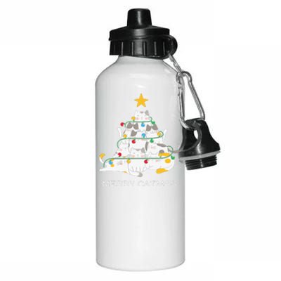 Merry Catmas Cat Christmas Tree Lights Funny Xmas Aluminum Water Bottle