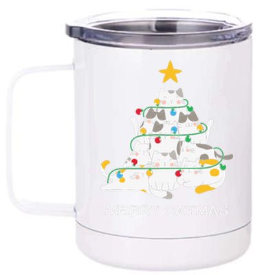 Merry Catmas Cat Christmas Tree Lights Funny Xmas 12 oz Stainless Steel Tumbler Cup