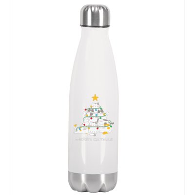 Merry Catmas Cat Christmas Tree Lights Funny Xmas Stainless Steel Insulated Water Bottle