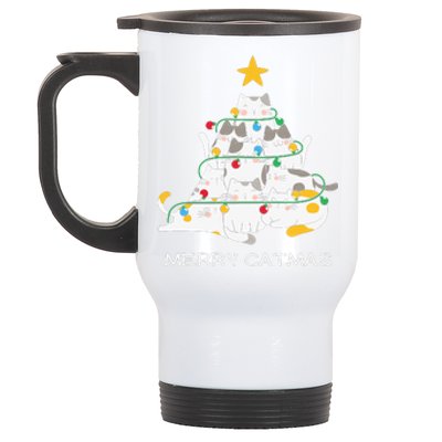 Merry Catmas Cat Christmas Tree Lights Funny Xmas Stainless Steel Travel Mug