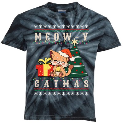 Meowy Catmas Cat Christmas Tree Xmas  Funny Santa  Kids Tie-Dye T-Shirt