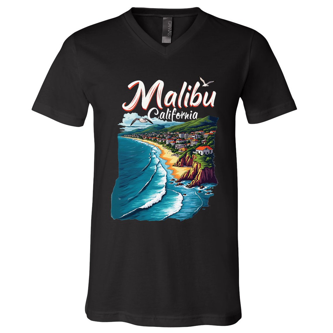 Malibu California Coastal Scenic Beach V-Neck T-Shirt