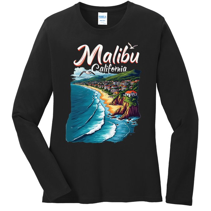 Malibu California Coastal Scenic Beach Ladies Long Sleeve Shirt