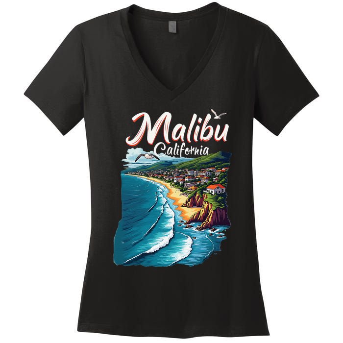 Malibu California Coastal Scenic Beach Women's V-Neck T-Shirt