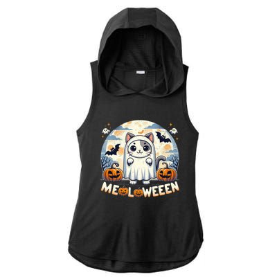 Meolloween: Cute Cat In Ghost Costume Halloween Design Gift Ladies PosiCharge Tri-Blend Wicking Draft Hoodie Tank