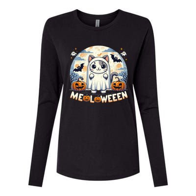 Meolloween: Cute Cat In Ghost Costume Halloween Design Gift Womens Cotton Relaxed Long Sleeve T-Shirt