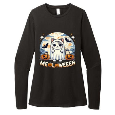 Meolloween: Cute Cat In Ghost Costume Halloween Design Gift Womens CVC Long Sleeve Shirt