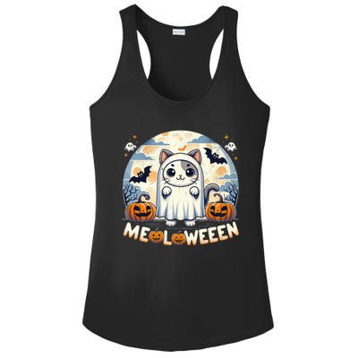 Meolloween: Cute Cat In Ghost Costume Halloween Design Gift Ladies PosiCharge Competitor Racerback Tank