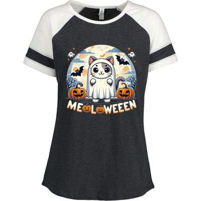 Meolloween: Cute Cat In Ghost Costume Halloween Design Gift Enza Ladies Jersey Colorblock Tee