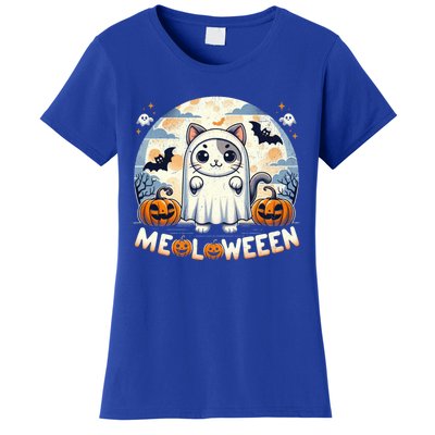 Meolloween: Cute Cat In Ghost Costume Halloween Design Gift Women's T-Shirt