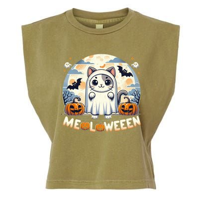 Meolloween: Cute Cat In Ghost Costume Halloween Design Gift Garment-Dyed Women's Muscle Tee