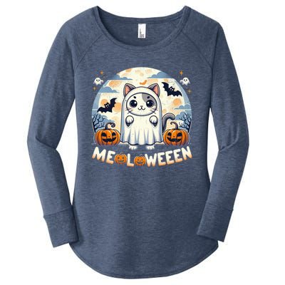 Meolloween: Cute Cat In Ghost Costume Halloween Design Gift Women's Perfect Tri Tunic Long Sleeve Shirt