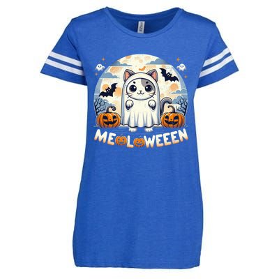 Meolloween: Cute Cat In Ghost Costume Halloween Design Gift Enza Ladies Jersey Football T-Shirt