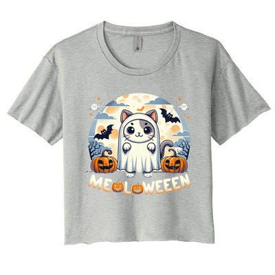 Meolloween: Cute Cat In Ghost Costume Halloween Design Gift Women's Crop Top Tee