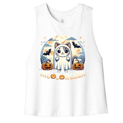 Meolloween: Cute Cat In Ghost Costume Halloween Design Gift Women's Racerback Cropped Tank