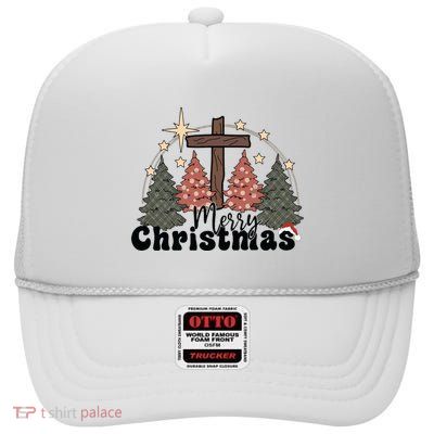 Merry Christmas Christian Christmas Christian Cross High Crown Mesh Back Trucker Hat
