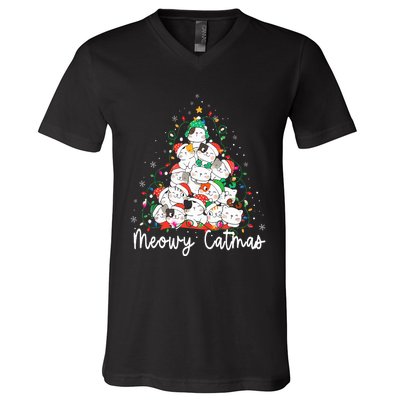 Meowy Catmas Cat Christmas Tree Xmas Funny Santa  V-Neck T-Shirt