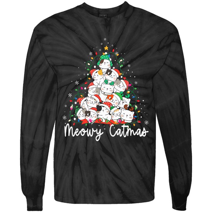 Meowy Catmas Cat Christmas Tree Xmas Funny Santa  Tie-Dye Long Sleeve Shirt