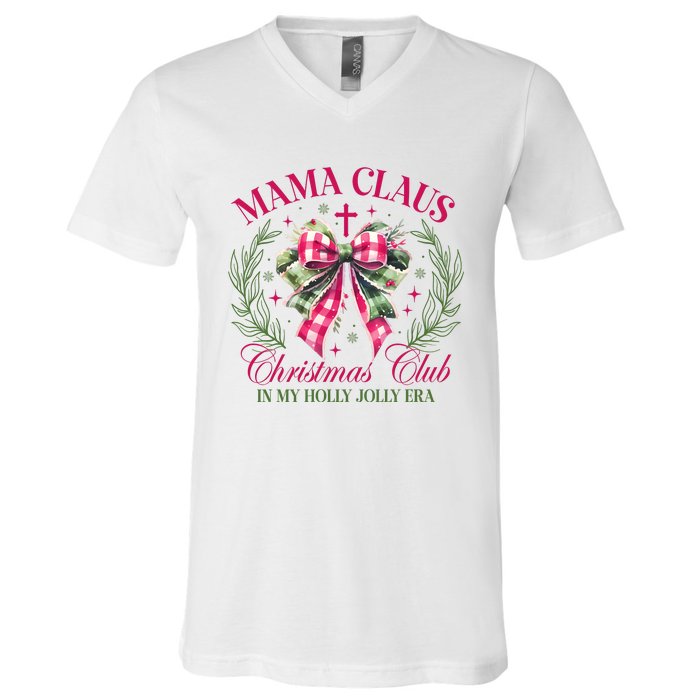 Mama Claus Christmas Club Coquette Bow V-Neck T-Shirt