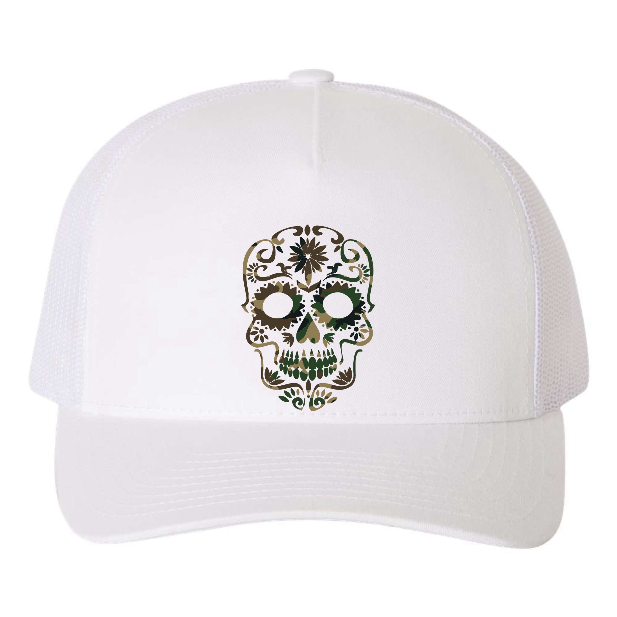 Military Camouflage Camo Dia De Los Muertos Sugar Skull Yupoong Adult 5-Panel Trucker Hat