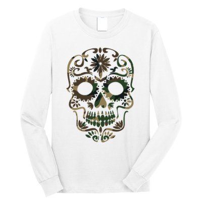 Military Camouflage Camo Dia De Los Muertos Sugar Skull Long Sleeve Shirt