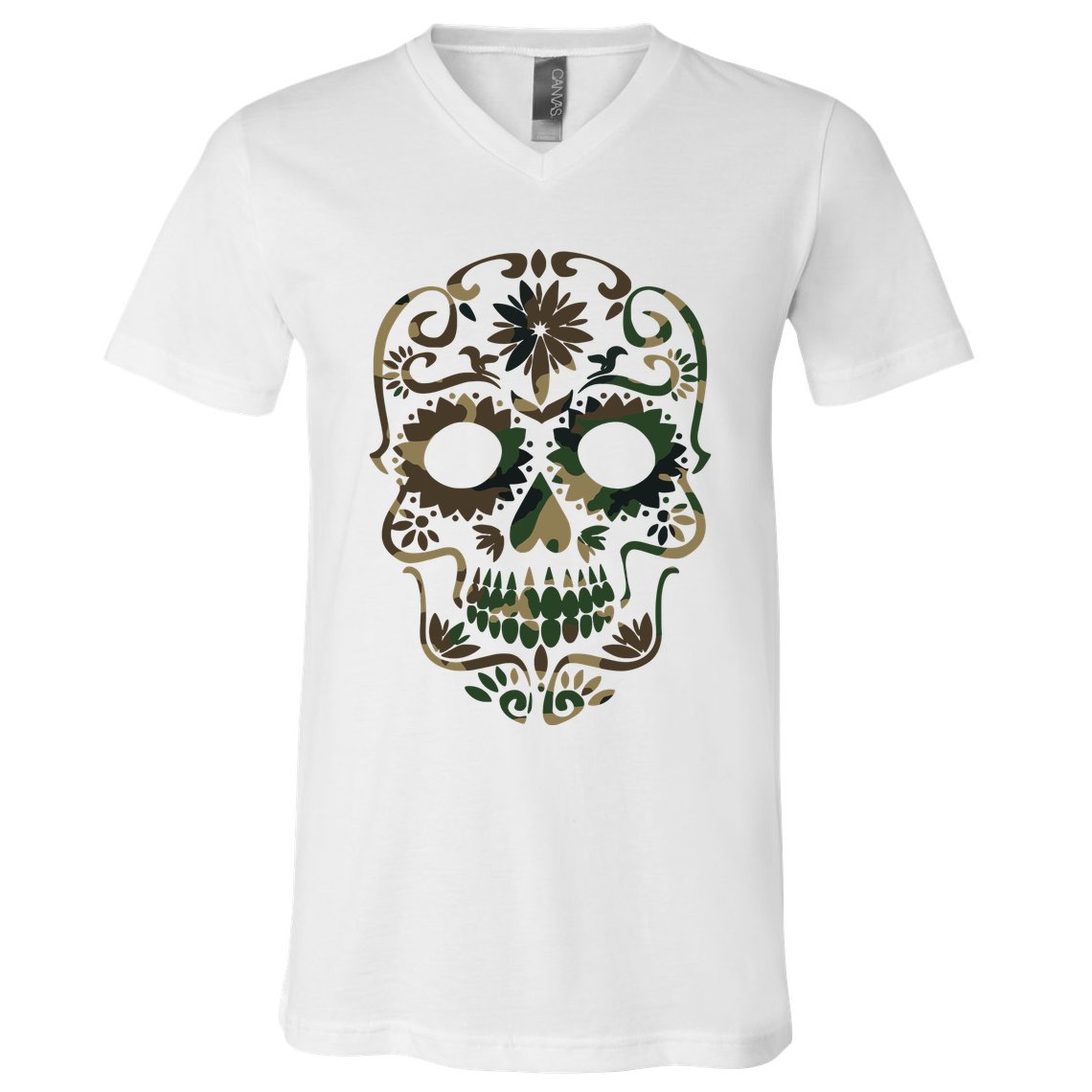 Military Camouflage Camo Dia De Los Muertos Sugar Skull V-Neck T-Shirt