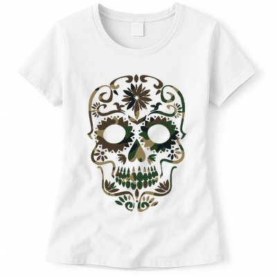Military Camouflage Camo Dia De Los Muertos Sugar Skull Womens T-Shirt